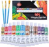 15 Stück Acrylfarben Set - Aottom 12pcs Acrylfarben+3pcs Künstlerpinsel Acrylic Paint Perfekt für Leinwand Holz Stoff Keramik