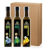 Kräuterland Bio Speiseöl Geschenkset VITAL 3x 250ml - Geschenk-Set mit Nachtkerzenöl, Schwarzkümmelöl, Hanföl - Bio-Würzöle in Premium Q