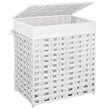 SONGMICS Wäschekorb handgeflochten, Wäschesammler aus Polyrattan, Wäschesack herausnehmbar, mit Deckel, Metallgestell, Aufbewahrungskorb, 45,5 x 32 x 51,5 cm, Wohnzimmer, weiß LCB050W01