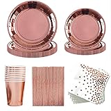 Amycute Roségold Partygeschirr Set 64 Stück Rose Gold Einweg Pappteller Servietten Becher Trinkhalme zum Geburtstag, Hochzeiten, Jubiläums, 16 G