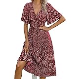 neiabodos Elegantes Damen-Kleid, Ceremonie, Curvy, Sommerkleid, gepunktet, kurzärmelig, mit V-Ausschnitt, mit Schleife und Knöpfen, für Damen, eleg