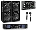 auna Pro PW- MKII PA-Karaoke-Set, Verstärker + 2 Passive PA-Lautsprecher + DJ-Mixer + 2 Mikrofone, Verstärker: 2 x 250 Wmax, Boxen: 4 x 12 Subwoofer / 1000 Wmax. / 3-Wege-Bauweise, schw