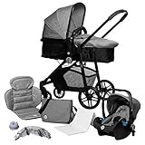 Kombikinderwagen 3 in 1, Kinderwagen-Set inkl. Wanne und Babyschale (Auto), Babyblume IVY, melang