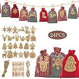 Adventskalender zum Befüllen, 24 Filzbeuteln und Stoffbeutel + 24 Zahlen Holz-Anhänger Deko, Weihnachtskalender zum Selber Dekorieren, Adventskalender 2021 DIY Kinder (Filztuch Spleißen Kariertes)