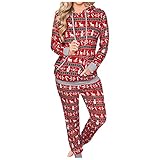 Weihnachten Pyjama Sets Damen Zweiteilige Nachtwäsche Weihnachtsmann Schneemann Elch Druck Langarm Oberteil Lang Kordelzug Hose Festival Christmas Schlafanzug Casual Xmas Loungewear mit T