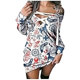 Rosennie Minikleid Damen Weihnachtskleider Bodycon Kleid Mode Drucken Pullover Sweatshirt Kleid Riemchen V-Ausschnitt Lose Langarm Herbst Winter Kleid Pullover Kleid Oversize Tunik