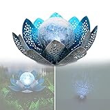 Solarlampe für Außen Blume mit Pflegetuch – Solarleuchte Garten 25 cm Durchmesser – Außenleuchte Gartenlampe LED – Leuchte Solar Aussenlampe IP 44 Metall Crackle Glas Silber Lotusblü