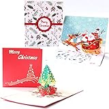 2pcs Weihnachtskarte Pop Up Karte, 3D Pop Up Weihnachtskarte, Weihnachtskarten mit Umschlag Set, Laser Lustige Pop Up Weihnachtskarte Geschenkkarten Klappkarten für Party Einladung