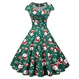 Weihnachtskleid Damen Elegant Kurzarm V-Ausschnitt Weihnachten Druck Kleid Frauen Vintage Christmas Partykleid Swing