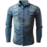 PPPPA Fashion Herren Jeanshemd Ausgewaschen gerippte Arme Dehnbare Men's Denim Blue Black Jean Shirt Band Collar Comfort Fit Front Pockets Herren Langarm Jeans-Hemd Denim Freizeit-Hemd S