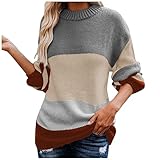 GOKOMO Damen Farbblock Pullover Elegant Pullover Lange Locker Pullover Lässiger Pullover Pendeln Langarm Rundhals Grob Gestrickter Pullover Neu Damen Oberteile(M,Grau)