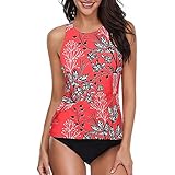 JenK Cing Boho Stil Tankini Set Damen Schlank Abdomen Tankini Bauchweg Blumen Bedruckter Badeanzug Zweiteiler Swimsuit Bikini Sets Push Up Strapsen Bikinioberteil Bademode Beachwear sexy Schwimmanzug