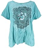 GURU SHOP Babu T-Shirt für Starke Frauen, Plus Size T-Shirt, Damen, Türkis/Om, Baumwolle, Size:50, Bedrucktes Shirt Alternative Bekleidung