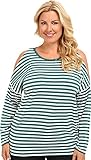 MICHAEL Michael Kors Women's Plus Size L/S Stripe Cold Shoulder Top Deep Sea Green/White T-S