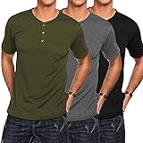 COOFANDY 3Pack Henley Shirts für Herren Kurzarm Casual Basic Summer Solid T-Shirts mit Tasche，Army Green/Dark Gray/Black，L