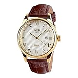 TONSHEN Herrenuhr Analogue Quarz Uhren Luxus Golden Edelstahl mit Braun Leder Band Uhren Mode Business Armbanduhr Klassiker Kalender Uhr für H