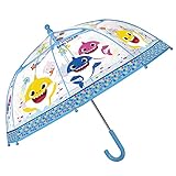 Baby Shark Regen Schirm Transparent Kleinkind 3 4 5 Jahre - Pinkfong Regenschirm Kinder Kleiner Hai für Kindergarten - Durchsichtiger Kinderschirm Blau Gelb Rosa mit Seestern Seepferdchen Q
