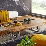 FineBuy Couchtisch 115 x 25 x 58 cm Akazie Massiv Holz Metallgestell groß | Baumstamm Wohnzimmertisch Massivholz Braun | Baumkante Sofatisch Landhaus Holztisch | Tisch Wohnzimmer Stub