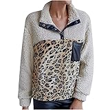 YOYHX Damen Teddy-Fleece Pullover Herbst Winter Warm Oberteil Leopard Print Sweatshirt Knopfleiste Stehkragen Langarm Casual Kapuzenpullover H