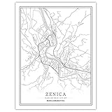 SLYBDA Wall Art Leinwandbild, Bosnien-Herzegowina Zenica Stadtplan Moderne Hause Kunstdruck Poster Wand Bild Büro Leben Haus Schlafzimmer Zimmer Dekoration Nordischen Stil 30X40