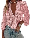 Onsoyours Damen Bluse Langarm Blusenshirt Chiffon Hemd V-Ausschnitt Floral Elegant Hemd Casual Oberteile Tops mit Rüschen Business Tunika T-Shirt Rosa XXL