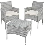 TecTake 800566 Poly Rattan Gartenset | 2 Stühle und Kleiner Tisch mit Glasplatte | Robustes Gestell aus Stahl - Diverse Farben - (Hellgrau | Nr. 403702)