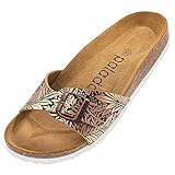 Palado® Damen Sandale Malta | Made in EU | Pantoletten in vielen sommerlichen Farben | 1-Riemen Sandaletten mit Kork-Fussbett | Frauen Hausschuhe mit Leder-Laufsohle Print Schwarz Bronze 39 EU