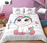 Einhorn Bettwäsche Set Weiß Rosa Anime Unicorn Bettbezug und Kissenbezug Betten Set Weiche Mikrofaser Bettwäsche für Kinder Jungen Mädchen (Einhorn 01, 155*220+80*80*1)