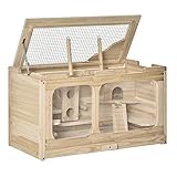 Pawhut Hamsterkäfig Holz Nagerkäfig Mäusekäfig mit Rampe Schaukel Nagervilla Oben aufklappbar Massivholz PS Natur 78 x 40 x 44