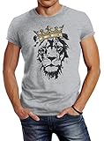 Neverless Herren T-Shirt König der Tiere Löwen-Kopf mit Krone Slim Fit grau L