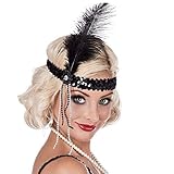 Boland 00620 - Stirnband Flapper, schwarz, Pailletten, Gummiband, Feder, weiße Perlen, Charleston, 20er Jahre, Chique, Karneval, Halloween, Fasching, Mottoparty, Verkleidung, T