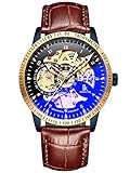 Alienwork IK Automatikuhr Armbanduhr Herren Damen blau Lederarmband braun schwarz Sk
