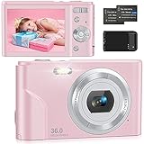 Digitalkamera 1080P Kompaktkamera Fotokamera 36MP 2,4' LCD Mini Digital Camera mit 16X Digitalzoom, Akkuladegerät und 2 Batterien für Studenten/Kinder/Amateure/Anfänger(Rosa)