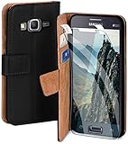 moex Handyhülle für Samsung Galaxy Grand Prime - Hülle mit Kartenfach, Geldfach und Ständer, Klapphülle, PU Leder Book Case und Schutzfolie - Schw