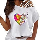 Oberteil Damen Kurzarm T-Shirt Sommer Casual Träger Bluse Lose V-Ausschnitt Schulterfreies Tops Shirt Damen Elegant Herzdruck Tunika Blusenshirt Trendige Sommertop