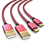 2X 4m Nylon PS4 Ladekabel für Playstation 4 Controller, Micro USB Kabel, Micro USB Ladekabel, Mikro USB, Stoffmantel, Aluminium Stecker, rot-schw