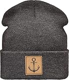 Strickmütze: Anker mit Leder Patch - Wollmütze Winter-Mütze - Seemann - Long Beanie Herren Damen Junge-n Mädchen Kind-er - Angler Kapitän Mütze - Schwarz - Streetwear - Geschenk (One Size Charcoal)