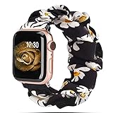 Scrunchie Strap für Apple Watch, Elastisches Nylonarmband Schlaufenband für iWatch Serie SE/6/5/4/3/2/1-Schwarze Gänseblümchenblume,42mm oder 44mm,L (152mm-198mm)