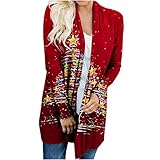 Strickjacke Damen Weihnachtsbluse mit Weihnachtsbaum Druck Herbst Winter Leichter Mantel Knopflose Langarm Lang Elegant Cardigan Oberteile Mittellange lockere Jacke Oberbekleidung Xmas Long