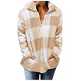 Damen Plaid Reißverschluss Sherpa Fleece Sweatshirt Langarm Pullover 1/4 Zip Up Revers Jacke Warm Plaid Flauschiger Mantel mit Taschen, Gelb_36, 42
