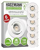 HAGEMANN 6 x LED Einbaustrahler dimmbar warmweiß 5W 400lm – 68mm Bohrloch – LED Deckenspot Einbaulampe schwenkbar 230V Deckeneinbauspot weißer R