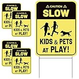 4 Stück Zeichen Verlangsamen mit Metalldraht H Setzt Kids and Pets at Play Yard Sign, Doppelseitige Straßen-Warnschilder zum Drinnen Drauß