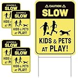 4 Stück Zeichen Verlangsamen mit Metalldraht H Setzt Kids and Pets at Play Yard Sign, Doppelseitige Straßen-Warnschilder zum Drinnen Drauß