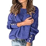 XUNN Damen Pullover O-Ausschnitt Strickpullover Einfarbig Vintage Stricken Pulli Sexy Langarmshirt Sweater Knopfärmel Ob