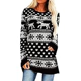 Mode Damen Langarm-T-Shirt Lose Rundhals-Bodenhemd Weihnachtspullover Elch Schneeflocke Print Top