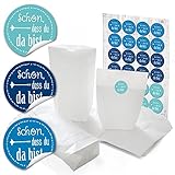 24 kleine weiße Kreuzbodenbeutel Papiertüten Geschenktüten 16,5 x 26 x 6,6 cm + 24 runde Aufkleber 4 cm blau türkis SCHÖN DASS DU DA BIST als Gastgeschenke Verpackung, give-away