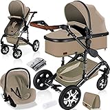 KESSER® Loops 3 in 1 Kinderwagen Kombikinderwagen komplettset incl. Babywanne & Buggy Sportsitz & Auto-Babyschale - Voll-Gummireifen - Wickeltasche/Regenschutz/Kindertisch Set Beige/Schw