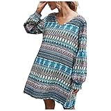 GFGHH Damen Kleider Langarm Swing Plissee Minikleid Strandkleid Casual Blumenmuster Boho Retro Knielang V-Ausschnitt Frühling Oberteile Freizeitkleidung Strandkleider Blusenkleid Lose Tunik