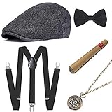 BABEYOND 1920s Herren Accessoires Mafia Gatsby Kostüm Set inklusive Panama Gangster Hut Verstellbar Elastisch Hosenträger Herren Halsschleife Fliege Taschenuhr und Plastik Zigarre Set-4