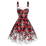Lazzboy Kleid Festlich Damen Weihnachten Plaid Frauen Santa Schneeflocke Print Camis ärmelloses Party Abendkleid Kostüm Langarm Weihnachtskleider Midi Tunika Karneval Cosplay (X-Rot,S)